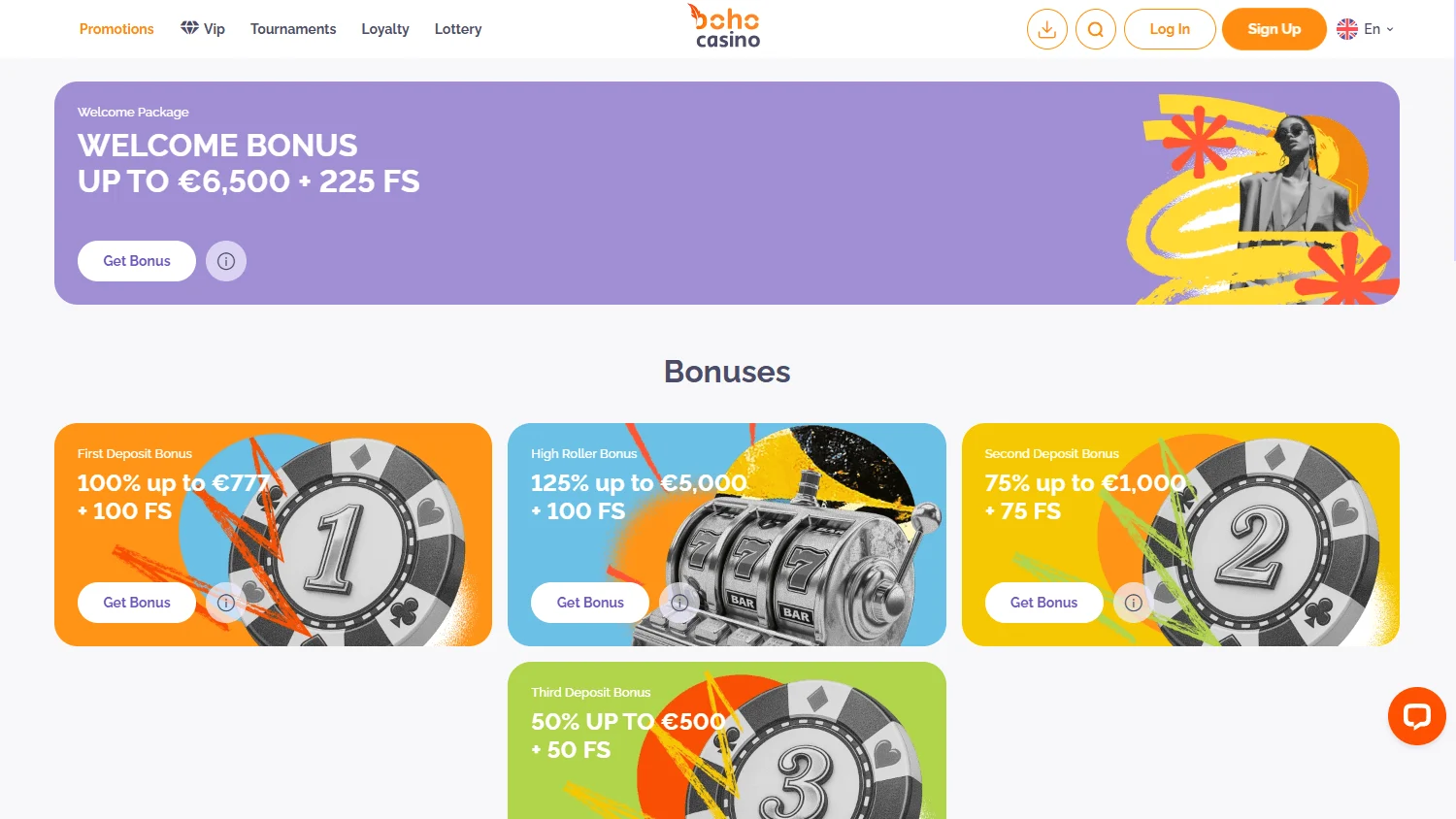 Boho Casino promotions interface on desktop