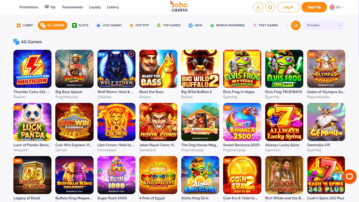 Boho Casino games interface on desktop