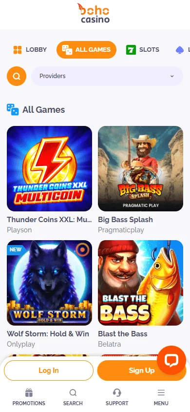 Boho Casino games interface on a mobile device