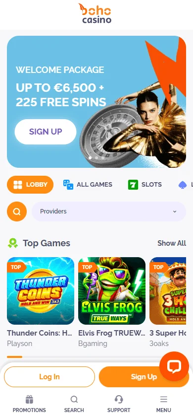 Boho Casino home interface on a mobile device