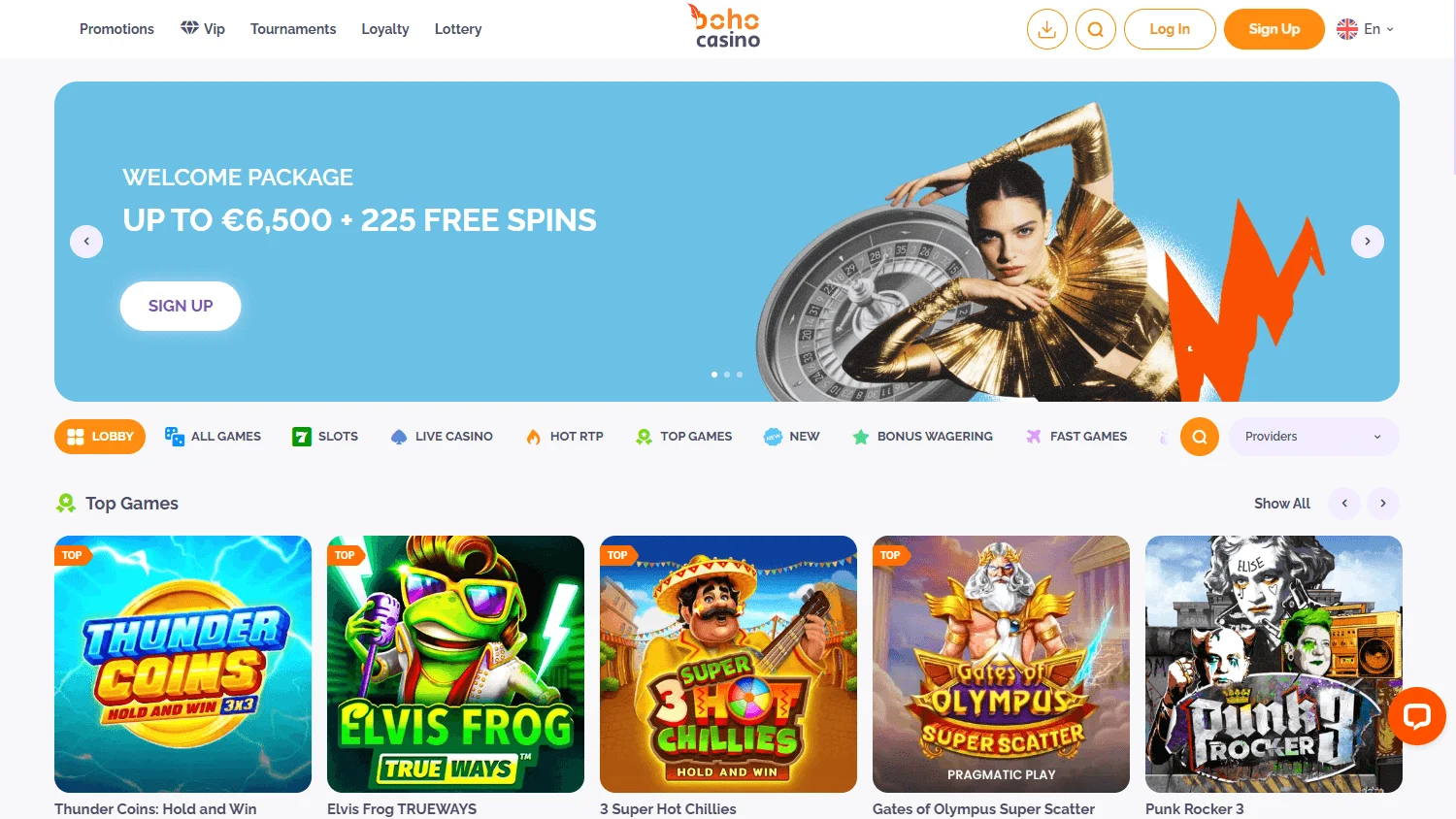 Boho Casino home interface on desktop