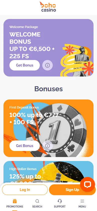 Boho Casino promotions interface on a mobile device